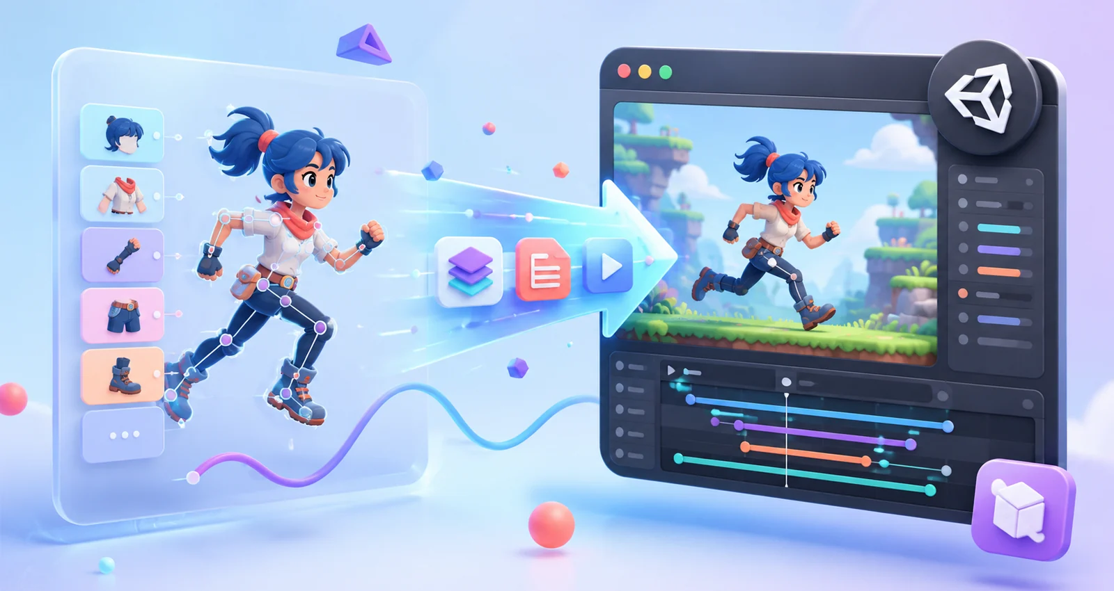 Colorful 3D illustration of a rigged character moving into a game engine workflow