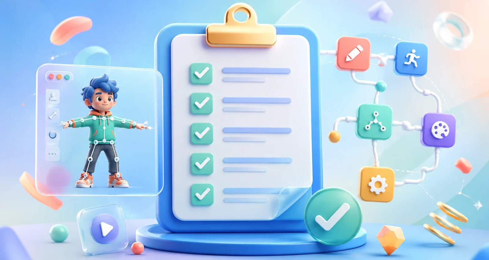Цветна 3D илюстрация на checklist и workflow за Spine анимация